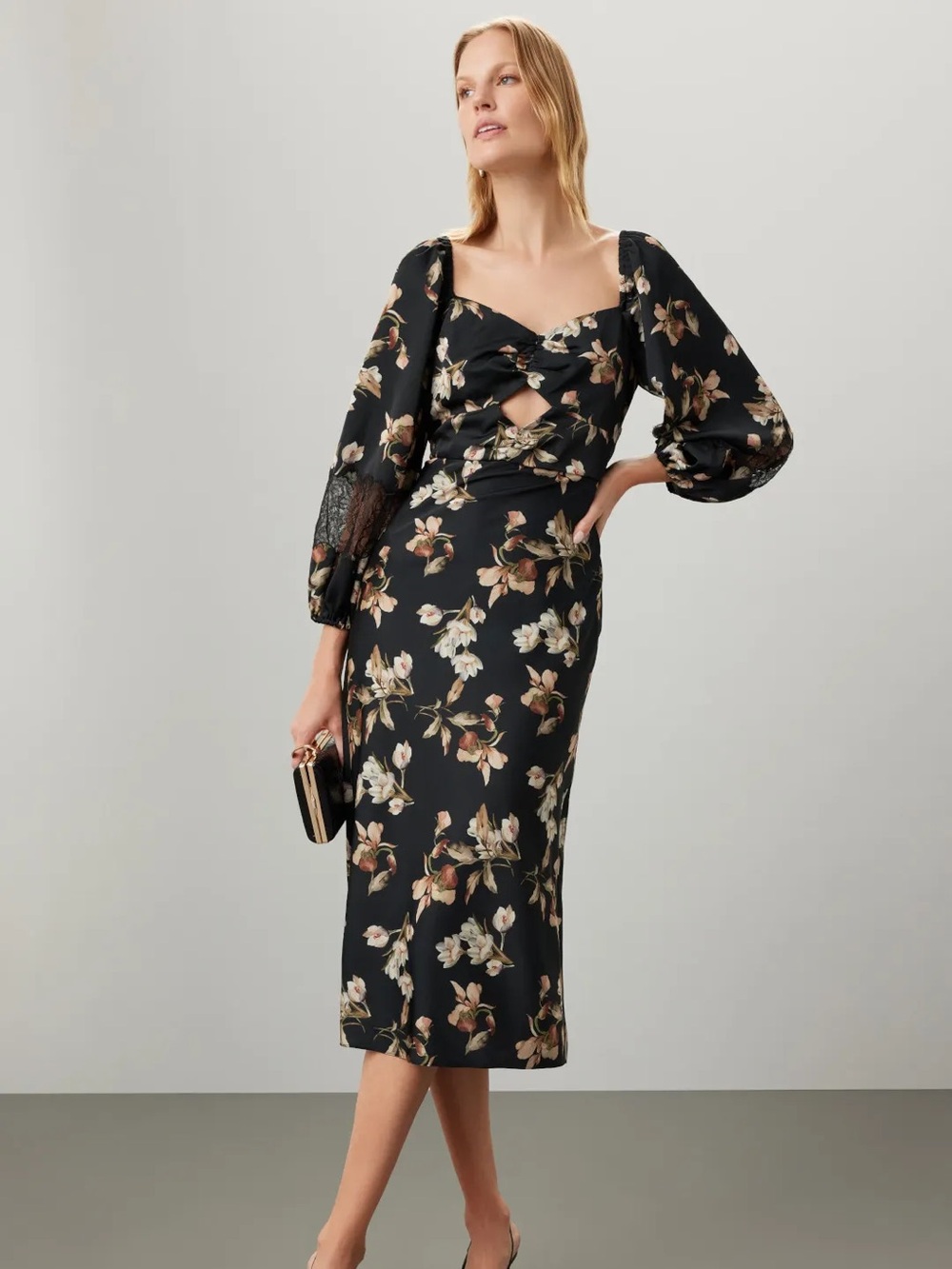 Sachin & Babi Amara Midi Dress Floral Lace Black Venetia Petal Ivory 12 NWT